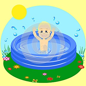 Vector Illustration of a Young Boy Happily Swimming in pool