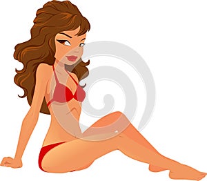 Vector illustration of a young brunette woman sitting wearing a red bikini