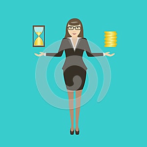 Vector illustration young business woman with hourglass hour and coins on hand.