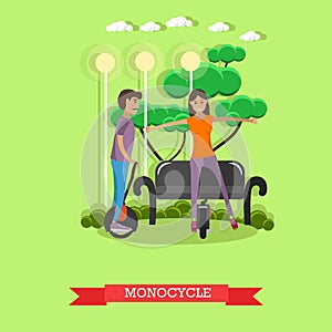 Vector illustration of young couple riding monocycle in flat style