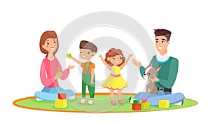Vector illustration of young family with kids home playing on the carpet with baby boy and little girl. Parents with