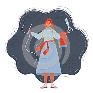 Vector illustration of Young female dressmaker tailor. holds a pair of tailor`s scissors and a needle and thread on dark