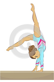 Vector illustration of a young female gymnast performing on balance beam, back walkover