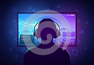 Vector Illustration Young Gamer Sit In Front Of A Screen And Playing Video Game. Wearing Headphone.