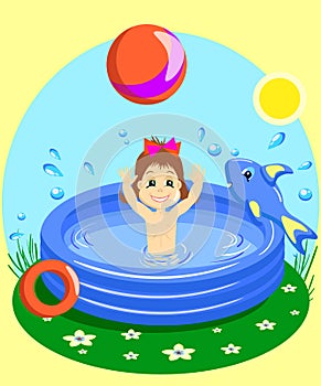 Vector Illustration of a Young girl Happily Swimming in rubber pool with a ball