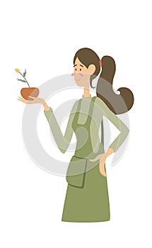 Vector illustration with a young girl holding plant. Flat cartoon colorful.