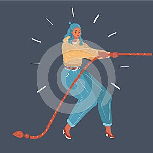 Vector illustration of young girl pulling rope, tug of war on dark background.