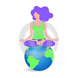 Vector illustration of a young girl sitting in a lotus pose on the globe