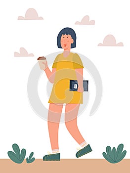 Vector illustration, young girl walking with books and cup of coffee in other hand. Studying concept, walking student, training,