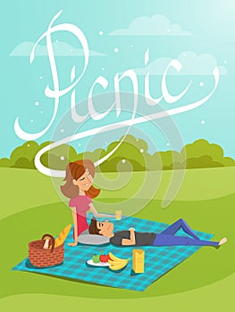 Vector illustration of young happy couple having picnic in the p