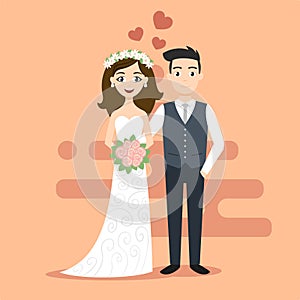 Vector illustration of young happy newlyweds bride and groom.