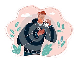 Vector illustration of young ill man coughing