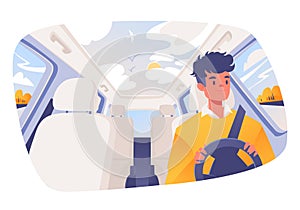 Vector illustration with young man behind wheel traveling on highways and country roads in his car.