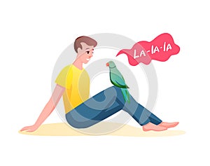 Vector illustration of young man is communicating with parrot, best pet friends. Guy is sitting and listening the parrot