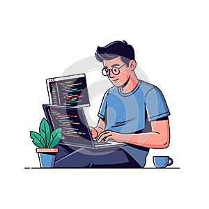 Focused Programmer Coding on Laptop Vector Illustration
