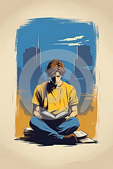 Vector illustration of a young man reading a book in the city