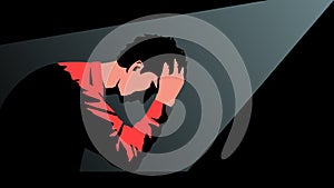 Vector illustration of a young man sitting in a dark room clasping his head in his hands with disturbing thoughts. Bright concept