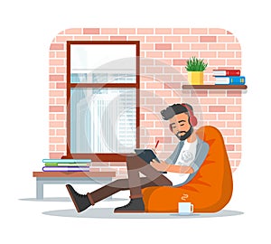 Vector illustration of young man using tablet, flat design