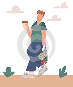 Vector illustration, young man walking with eco bag full of vegetables and cup of coffee in other hand. Sustainable shopping