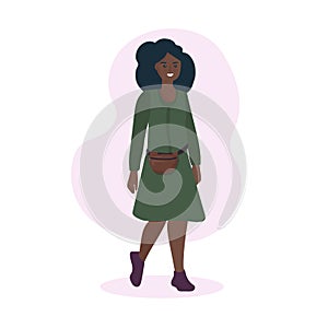 Vector illustration of a young modern black African woman with a fanny pack, waist pouch. Simple and easy to use fashion accessory