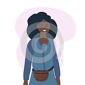 Vector illustration of a young modern black African woman with a fanny pack, waist pouch. Simple and easy to use fashion accessory