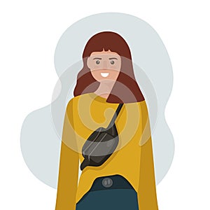 Vector illustration of a young modern woman with a fanny pack, waist pouch . Easy to use, fashionable accessory