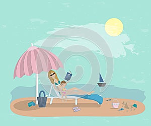 Vector illustration of young mother with her baby on the beach. summer background