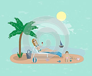 Vector illustration of young mother with her baby on the beach. summer background