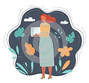 Vector illustration of young office woman holding pile of documents.