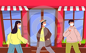Vector illustration of young people in face medical mask walking in public place during pandemia photo
