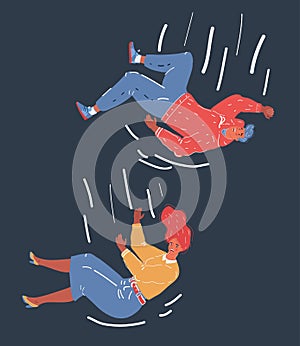 Vector illustration of young people falling from sky. Man and woman on dark background.