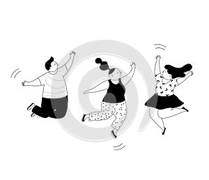 Vector illustration young people jump. Jumping teenagers group, happy teen laughing students and smiling excited people