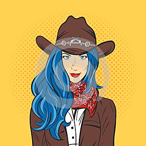 Vector illustration of young pretty girl in cowboy hat. Pop art