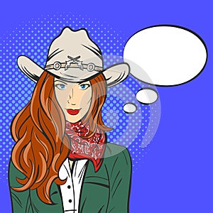 Vector illustration of young pretty girl in cowboy hat. Pop art