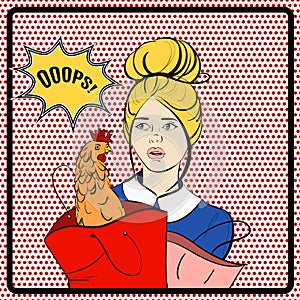 Vector illustration of young pretty woman with packets and chicken.