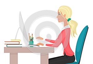 Vector Illustration of a young pretty woman working on desktop computer.