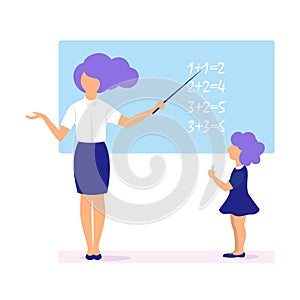 Vector illustration of a young teacher leads a lesson, a student decides an example at the blackboard