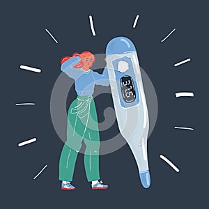 Vector illustration of Young woman with big thermometer, suffering from quinsy, or flu or any other virus cold on dark