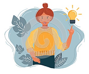 Vector illustration of young woman have idea. Girl having solution, ideas lamp bulb metaphor above. Creative thinking. Solved ques
