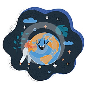 Vector illustration of young woman hugging earth globe over dark backround.