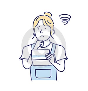 Vector illustration of a young woman looking at a bankbook and worried about money  inflation