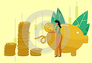 Vector illustration , a young woman and piggy bank coin teamwork white background,  finance service small bankers are engaged in w