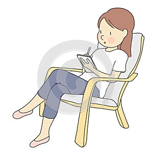 Vector illustration of young woman playing digital tablet with stylus pen