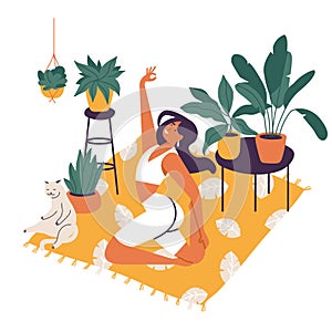 Vector illustration with young woman practicing yoga at cozy home with plant, flowers and cat.