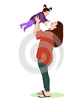 Vector illustration of a young woman rejoicing and holding a child at arm`s length.
