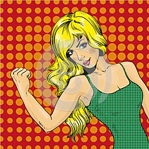 Vector illustration of young woman showing muscles, pop art style.