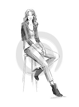 Vector illustration of a young woman sitting on a bar chair