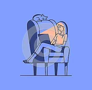 Vector illustration of a young woman sitting in a chair with a laptop at night, alone. The cat sleeps on the back of the
