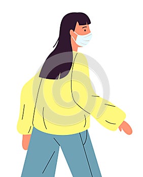 Vector illustration of young woman wearing medical mask during virus pandemia, safety and health