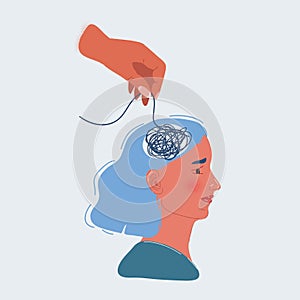 Vector illustration of young woman with worried stressed face expression and mess in brain. Obsessive compulsive, adhd